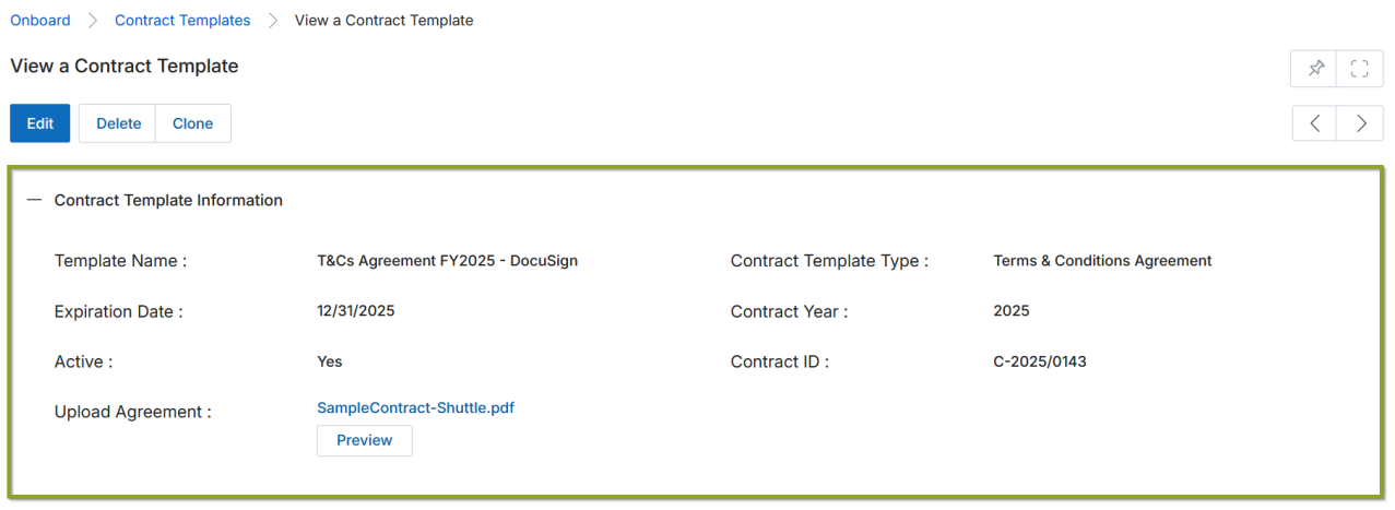 View a Contract Template (DocuSign) — Contract Template Information section with Edit, Delete, and Clone buttons