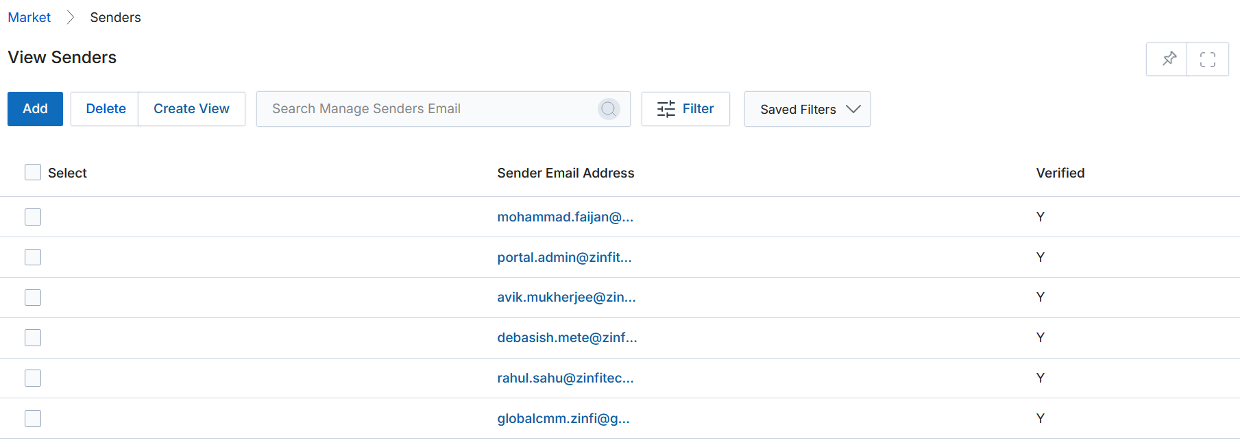 Market navigation with Emails expanded and Senders highlighted in the left sidebar