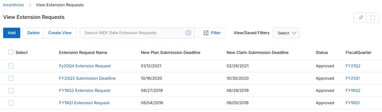 Add/Edit a MDF Date Extension Request form with fields: Extension Request Name, Quarter (Select/Clear), New Plan Submission Deadline (calendar), New Claim Submission Deadline (calendar), Status (system generated)