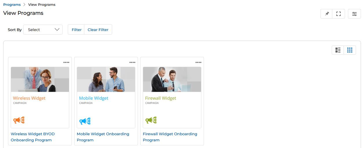 Thumb View — program cards displayed in a grid; click the three-dot menu (⋯) to access Enroll