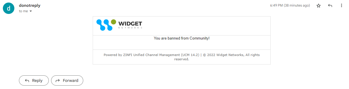 Automated email notification informing the user they have been banned from Community