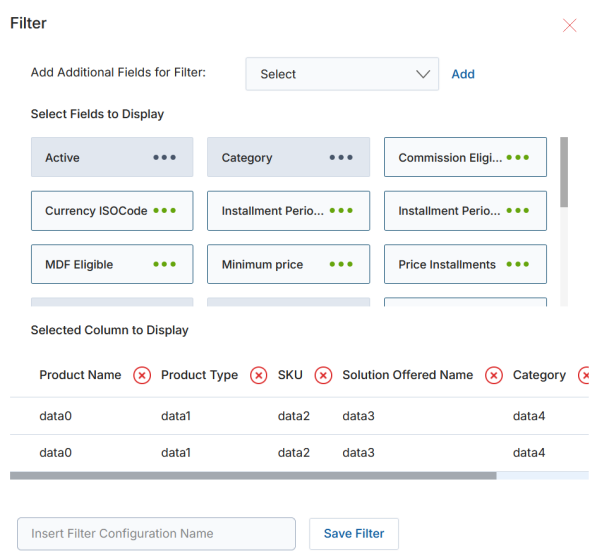 Filter panel — Selected Column to Display preview with Product Name, Product Type, SKU, Solution Offered Name, Category columns