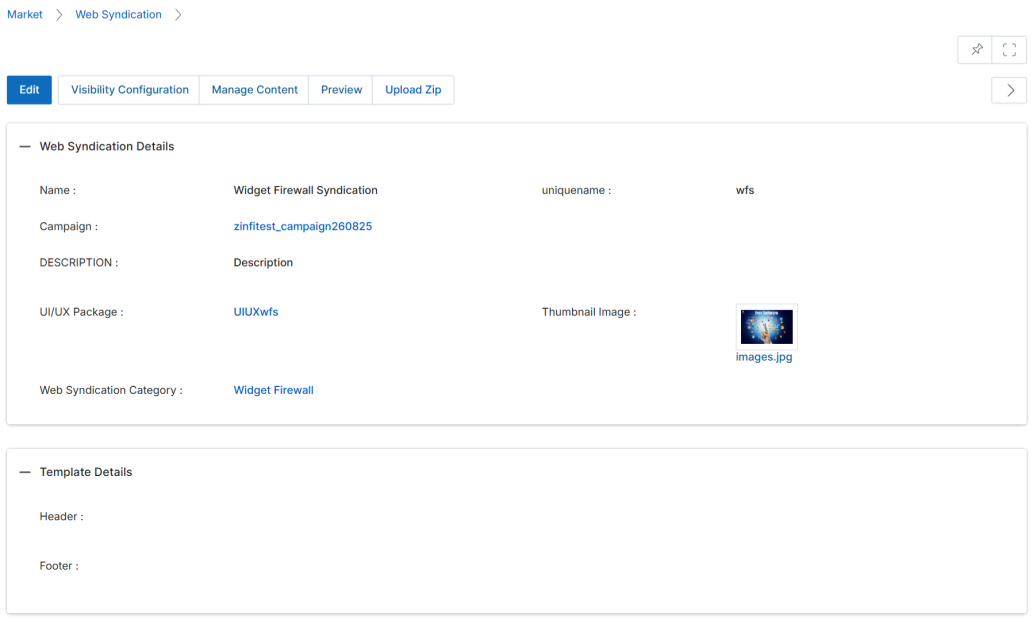 Import Template window for Showcase — showing HTML with dfabout and dfwrapper CSS classes and ucmcontenteditable spans