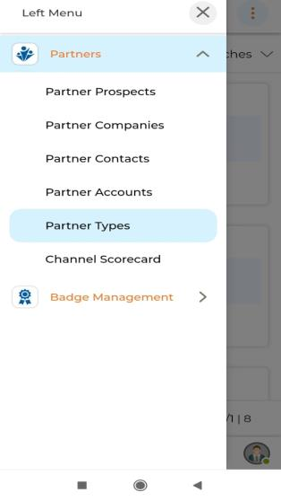 Partner Types sub-menu and View Partner Types list showing Partner Type Name