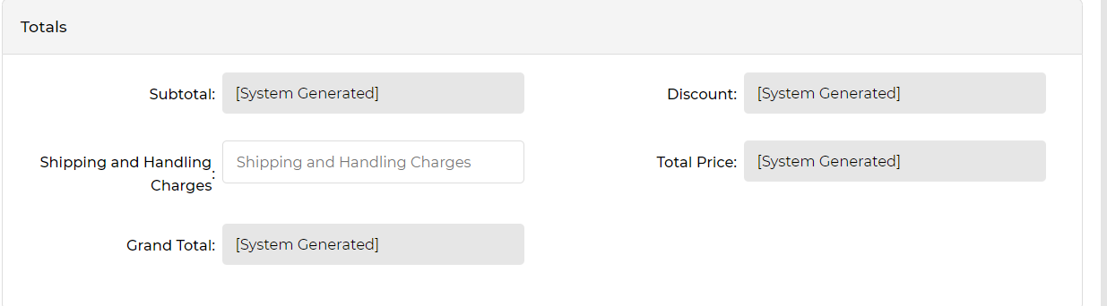 Totals section of Add/Edit Quote form showing system-generated fields