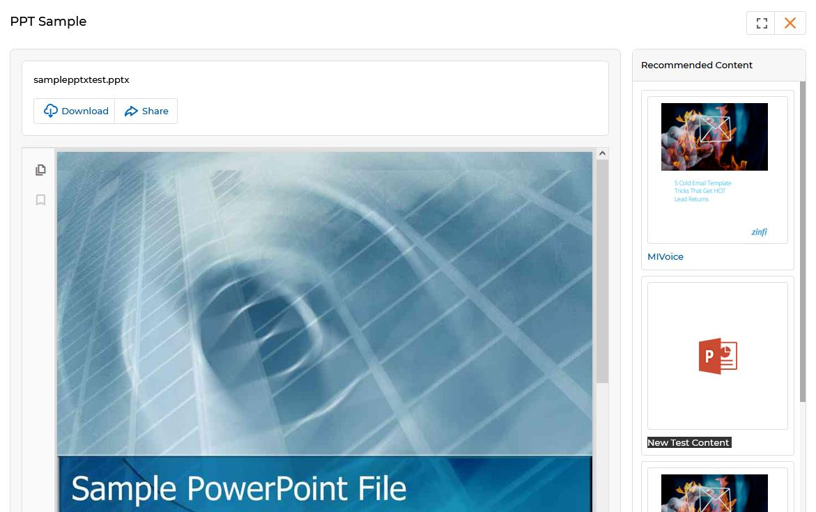Content preview popup showing PPT Sample presentation with Download and Share buttons at top and Recommended Content panel on the right