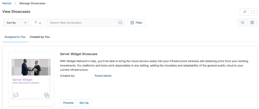 View Showcases page in List View showing Server Widget Showcase under Assigned to You with Preview and Set-Up buttons