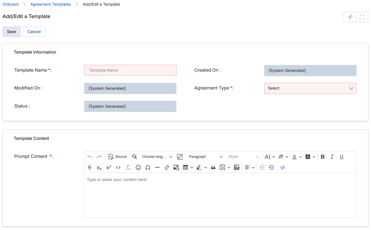 Agreement Templates listing — Default_Non_Digital (InActive) and Default_Digital (InActive) templates shown