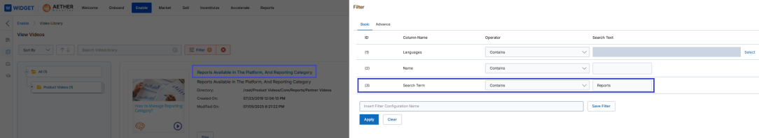 Video Filter panel showing Basic and Advance tabs with row entries for Languages (Contains), Name (Contains), and Search Term (Contains, Reports)