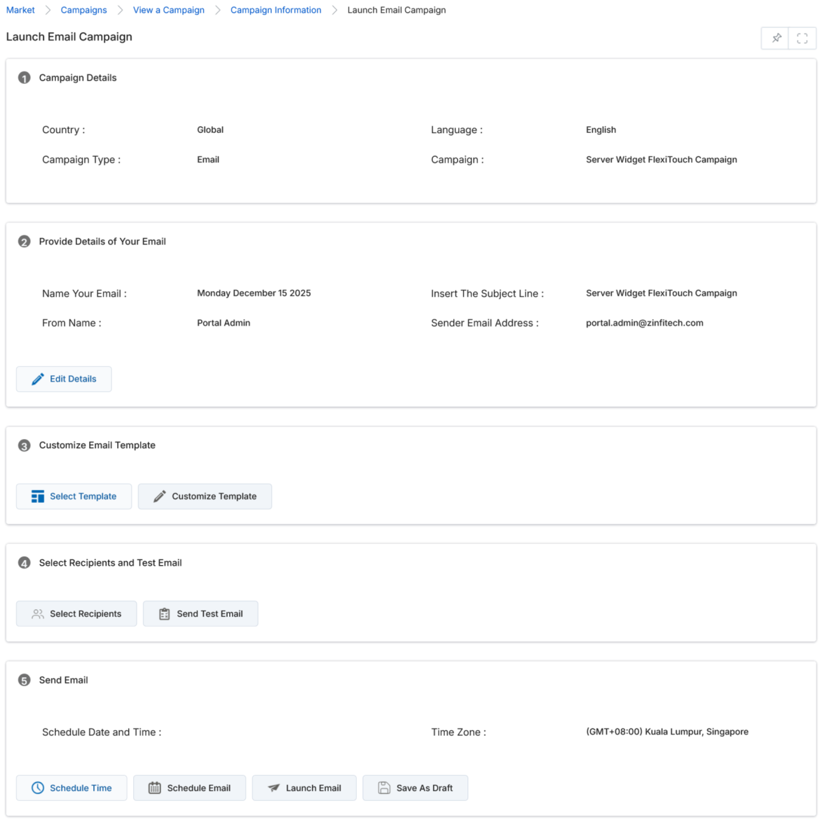 Customize Email Template section with selected Server Campaign email template and Customize Template button highlighted; right panel shows the template preview