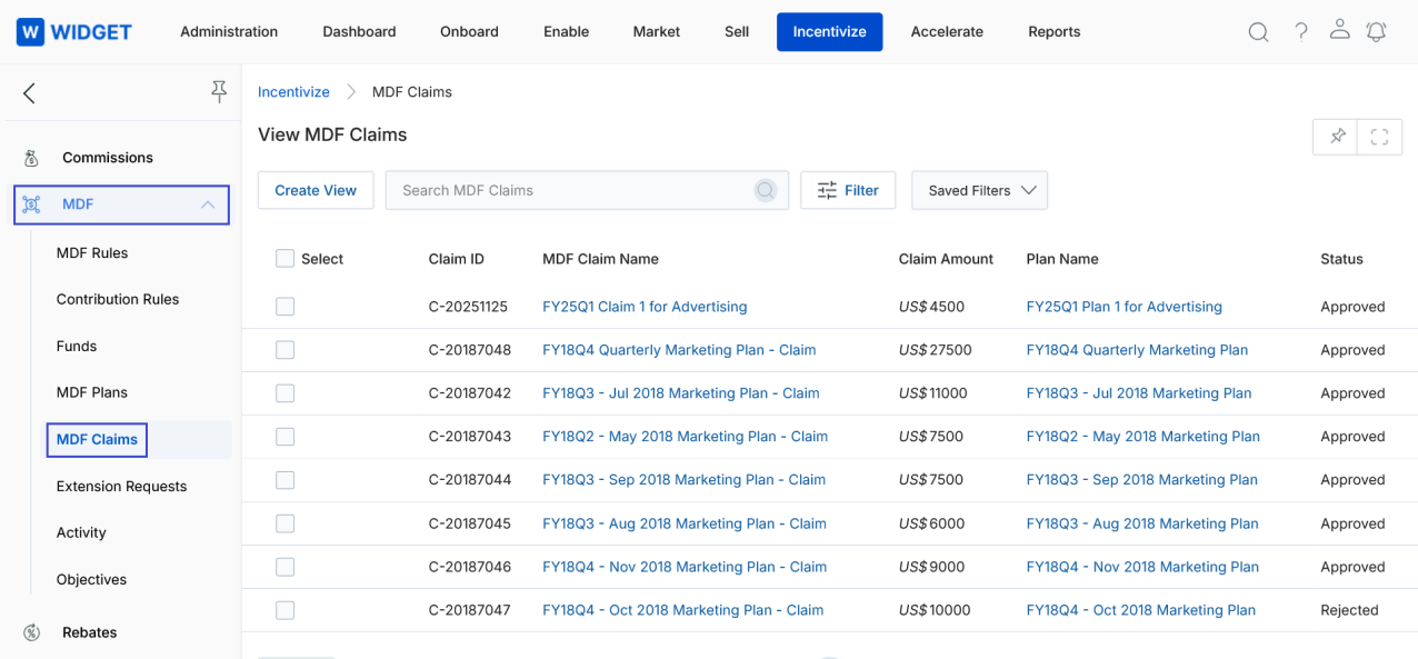 View MDF Claims listing with Claim ID, MDF Claim Name, Claim Amount, Plan Name, and Status columns