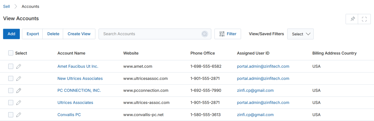 View Accounts — listing page