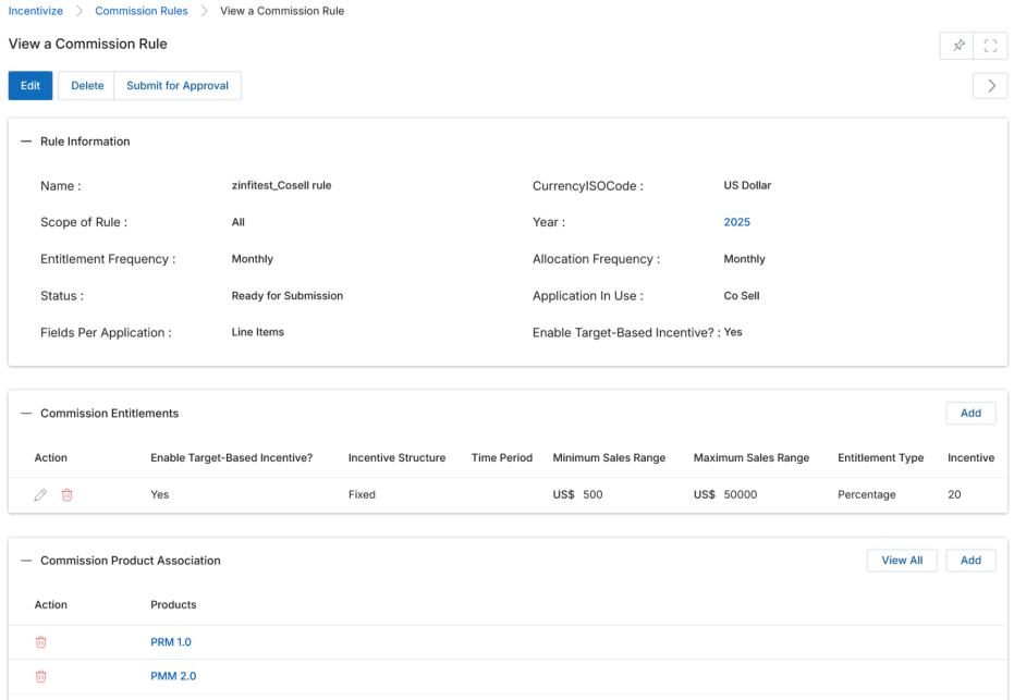 View a Commission Rule — alternate rule (zinfitest_Cosell) showing Co Sell application and Commission Product Association