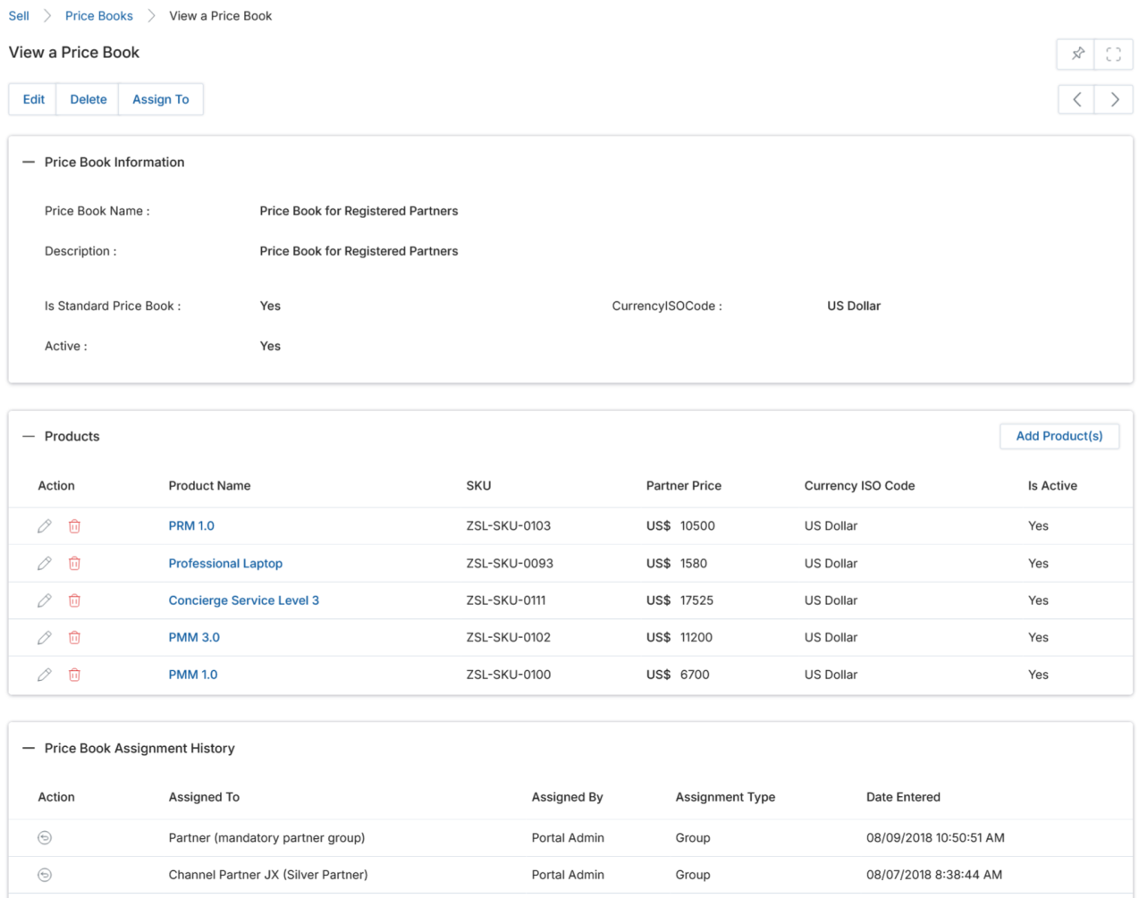 View a Price Book — Price Book Information, Products related list with action icons, Price Book Assignment History section