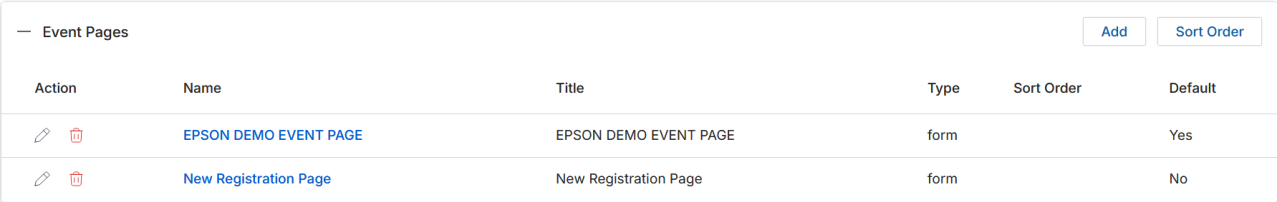 Event Pages section — table listing EPSON DEMO EVENT PAGE and New Registration Page with Type and Default columns