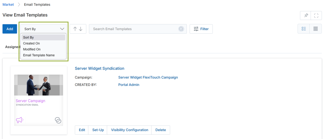View Email Templates in list view showing Sort By dropdown expanded with Created On, Modified On, Email Template Name options, and a template card with Edit, Set-Up, Visibility Configuration, Delete actions