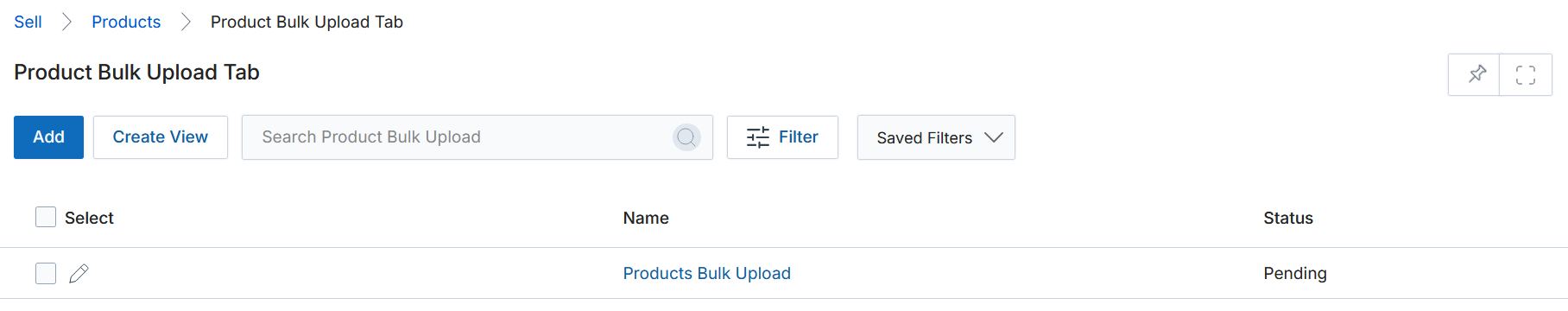 Product Bulk Upload Tab — listing showing Name and Status columns with a Pending record