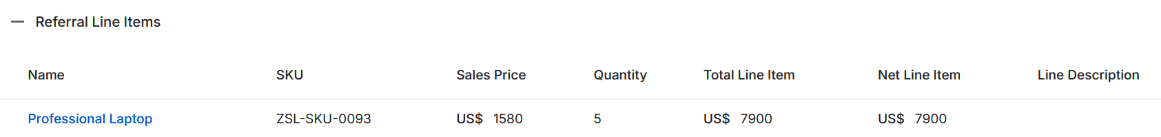 Referral Line Items table showing columns: Name, SKU, Sales Price, Quantity, Total Line Item, Net Line Item, Line Description